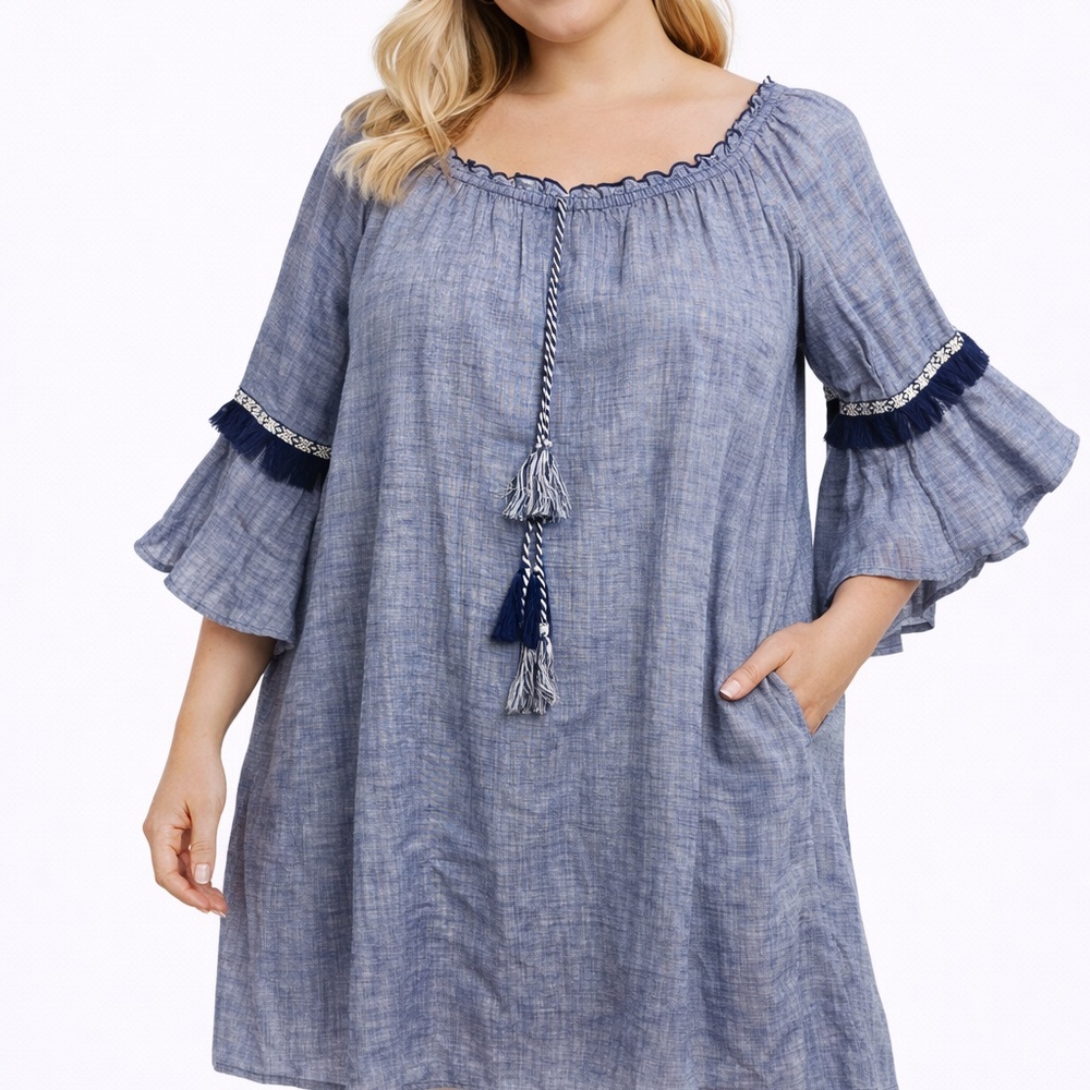 Style & Co Women's 3X Mini Dress - Flare Sleeve Cotton Boho Tassel Beachy Cotton